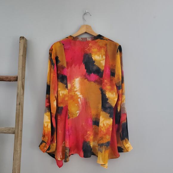 Investments Multicolor Long Sleeve Sheer Flounce Bottom Button Down Top Size XL - Picture 2 of 7